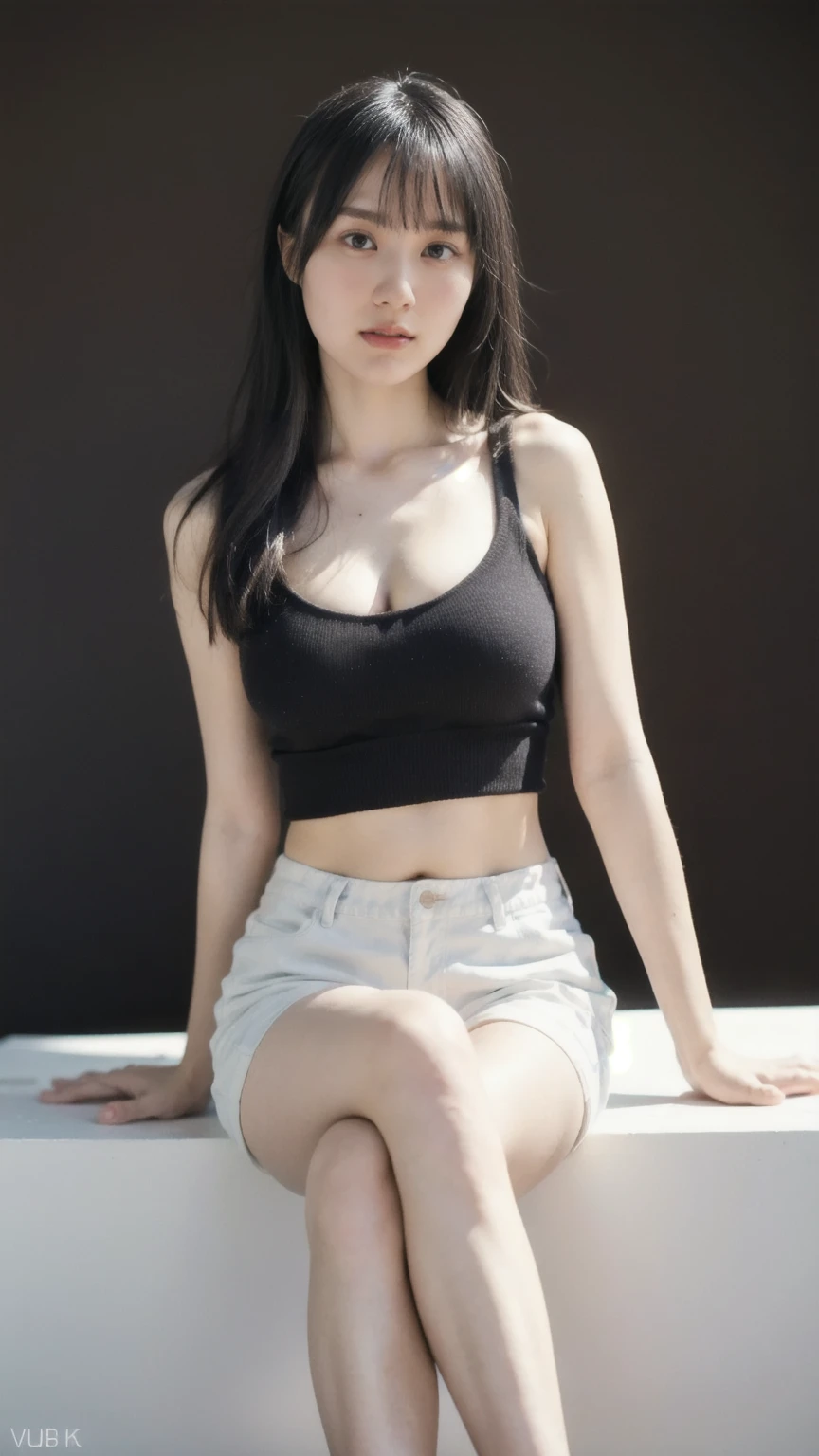 ((1girl)), woman, masterpiece, best quality, highest quality, cinematic lighting, (volumetric lighting), extremely detailed CG unity 8k wallpaper, focused, 8k wallpaper, extremely detailed, ultra realistic, photorealistic, sharp focus, absurdres, (HDR:1.2), (high contrast), photograph, detailed and intricate, instagram, portrait, highly detailed, digital painting, artstation, concept art, smooth, sharp focus, illustration, cinematic lighting, (big breast:1.3), ((skinny, slim legs)), (Aerial Shot), (knit strap tanktop, short pants, open shoulder), looking at the viewer, ((Medium body shot, hip level shot)), long hair, (sitting), beautiful eyes.