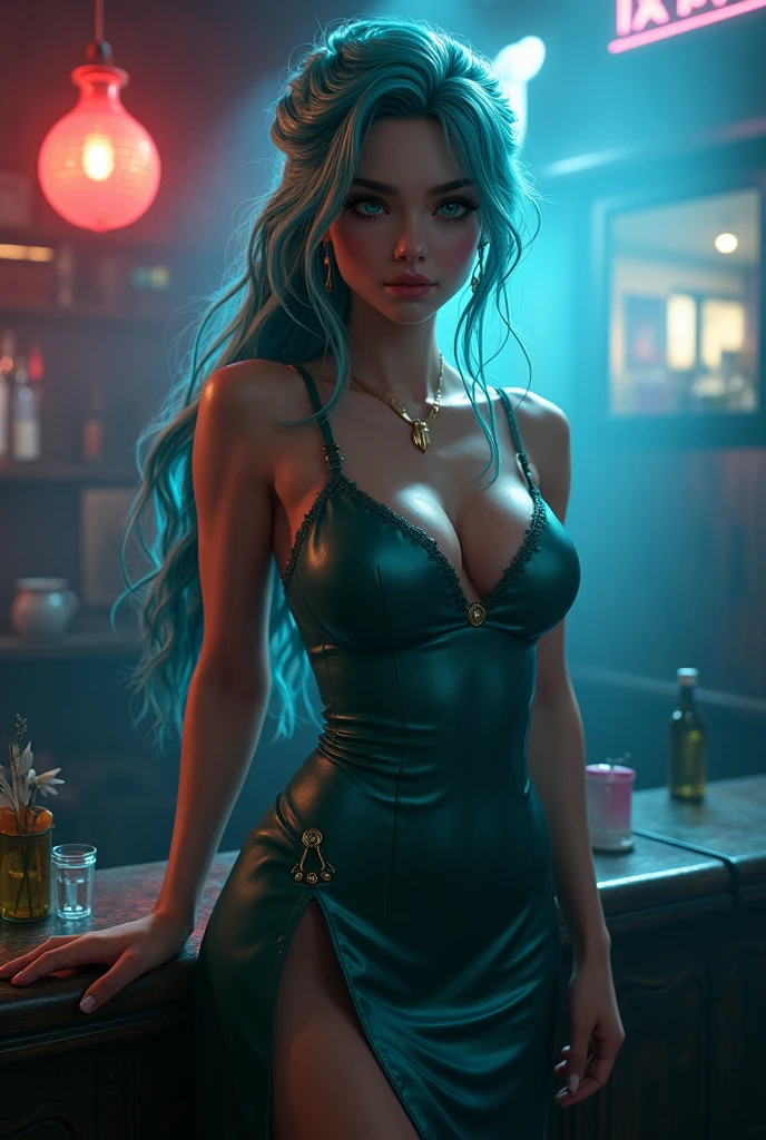 best quality,4k,8k,(masterpiece:1.2),ultra-detailed,realistic,photo-realistic:1.4, attention to detail, 8K, ultra detailed body, super sexy, goddess of temptation and lust, mature Cyan hair Ciri, braid, cyan colour hair, side cut silk dress, open toe high heels, at the club, fit body, sexy pose, seductive, big breasts, sexy, highly detailed body, sexual and sensual, cyan coloured hair, blue eyes, super seductive expressions and pose, seductive girl, nipples hard