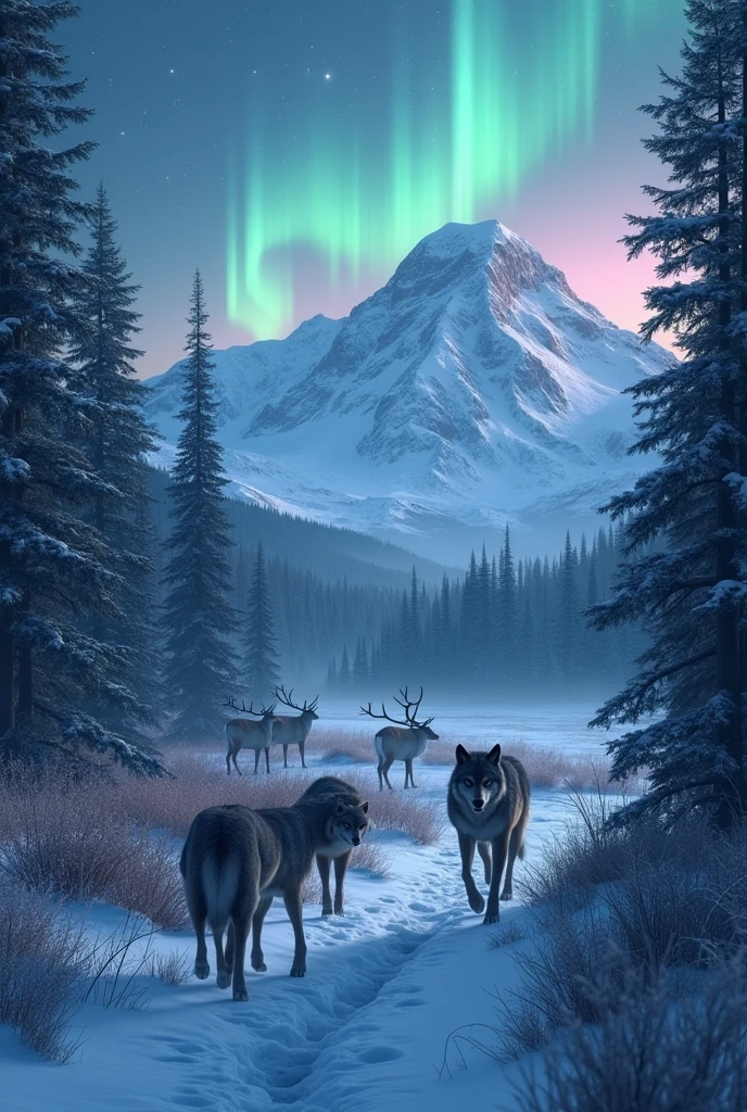 Denali national park in winter with wolves in a forest, caribou in a meadow at night with northern lights