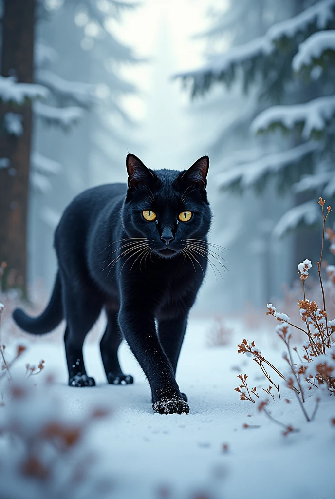 Un chat Noir marche dans une forêts enneigé, High resolution, Artwork, Awarded several times, Plan Large, Next to,