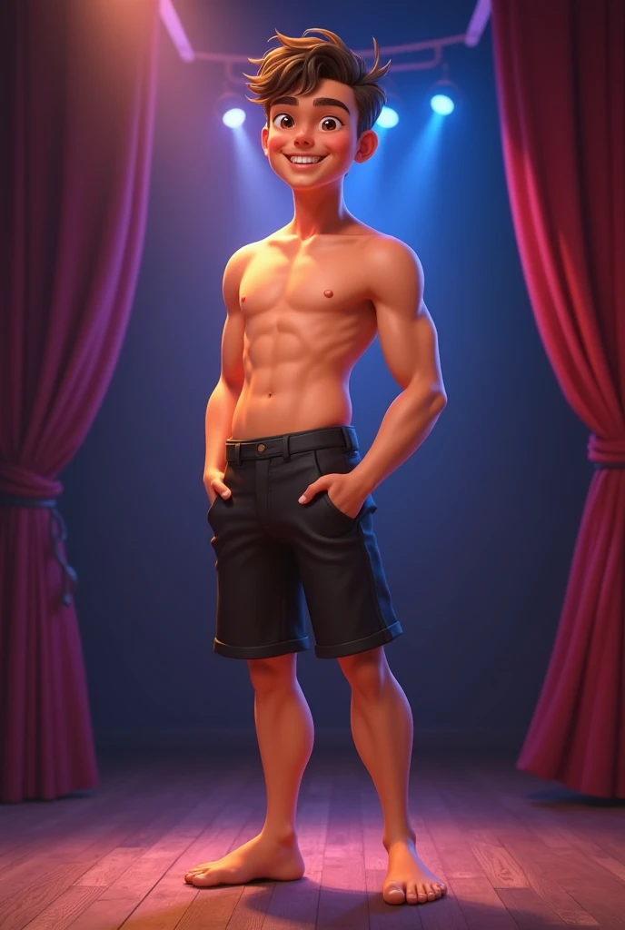 Shirtless Cute Boy with BLACK Shorts, Barefeet and Stage background