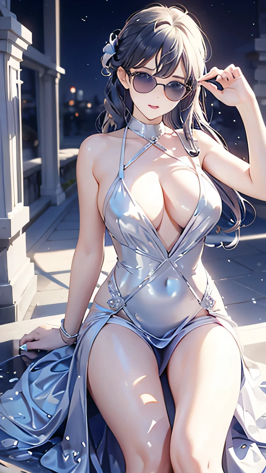 Deep V Evening Dress,Blue and white spiral curls,Hair is soaked,sunglasses,Bend over,Staring closely at the camera lens,Open your mouth