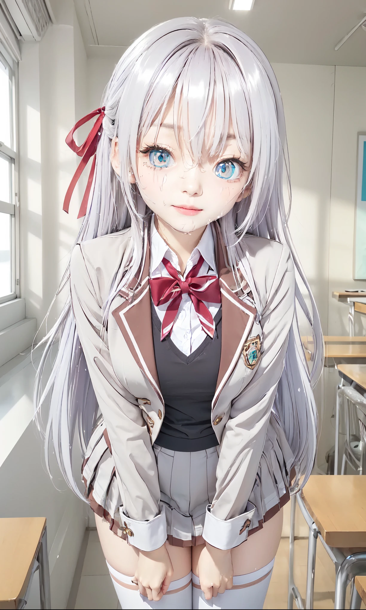 Ulchan-6500-v1.1, (Raw photo:1.2), (Photoreal), beautiful detailed girl, very detailed目と顔, beautiful and fine eyes, huge file size, High resolution, very detailed, highest quality, [masterpiece:1.6], enlightenment, very detailed, cg, finely, highest quality, 8k wallpaper, movie lighting, 1 girl, , perfect body shape, big firm chest、【huge tit、heavy chest】、Cute sagging eyes、beautiful big eyes、sweaty and wet、【sexual excitement:1.6】、(the whole body is wet:1.2)、There&#39;s a light in my eyes、short hair、high school girl、(japanese school swimsuit、Navy blue one-piece swimsuit、Navy blue Japanese student swimsuit:1.3)、pool、dynamic pose、giant rim figure