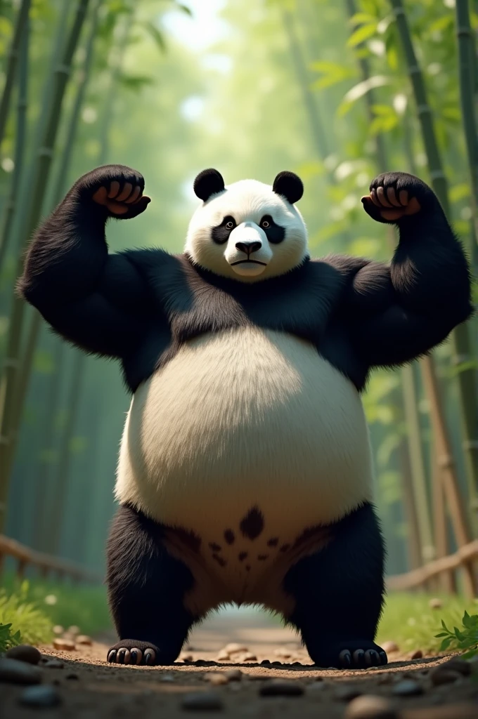 Laying a panda and showing biceps