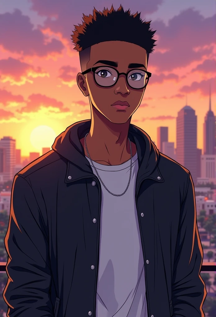 (foco frontal),Anime - style illustration of a man with a black jacket, white t-shirt and wearing glasses, "(best quality,ultra-detalhado),detailed right hand,(Luva sem dedos,Gloved hands), | | |, personagem de anime masculino, Fundo da cidade, Sunset gradient background, Corte de cabelo afro curto, Homem negro, Jovem afro-americano