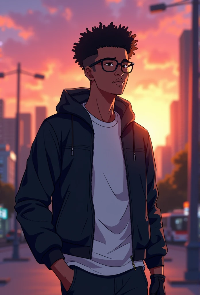 (foco frontal),Anime - style illustration of a man with a black jacket, white t-shirt and wearing glasses, "(best quality,ultra-detalhado),detailed right hand,(Luva sem dedos,Gloved hands), | | |, personagem de anime masculino, Fundo da cidade, Sunset gradient background, Corte de cabelo afro curto, Homem negro, Jovem afro-americano
