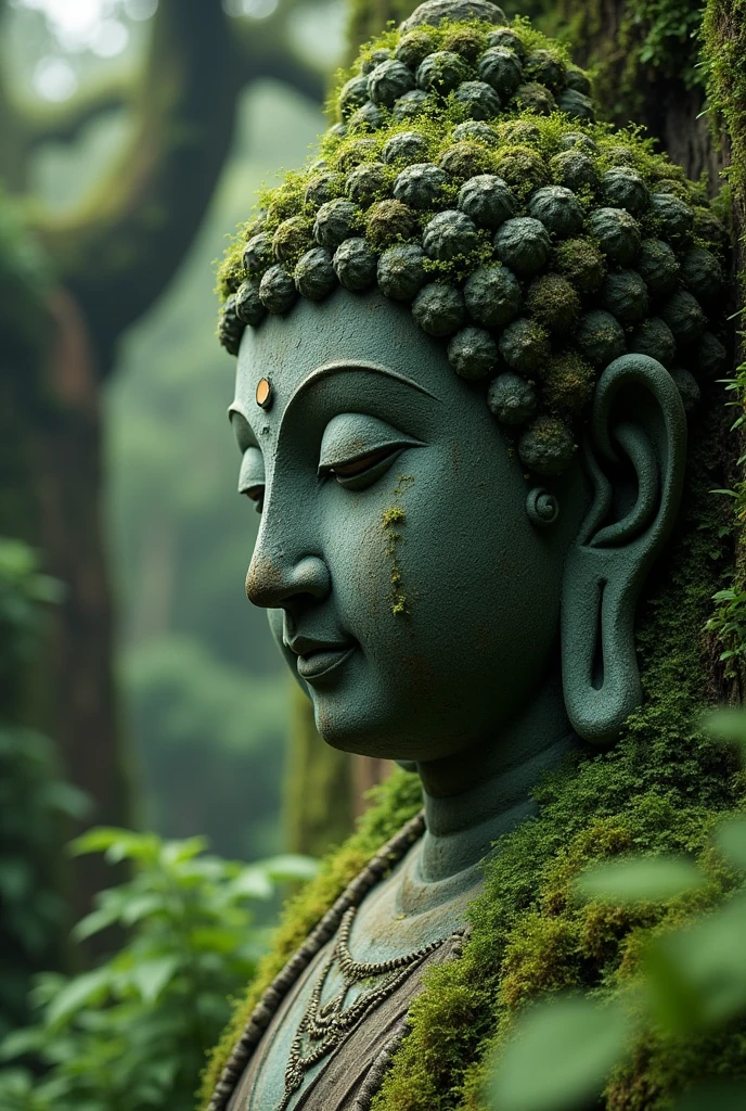 Harmony with nature,A world after the extinction of humanity, a temple that has returned to the forest, a Buddha statue covered with moss and ivy, close-up, mystical place, mystical work