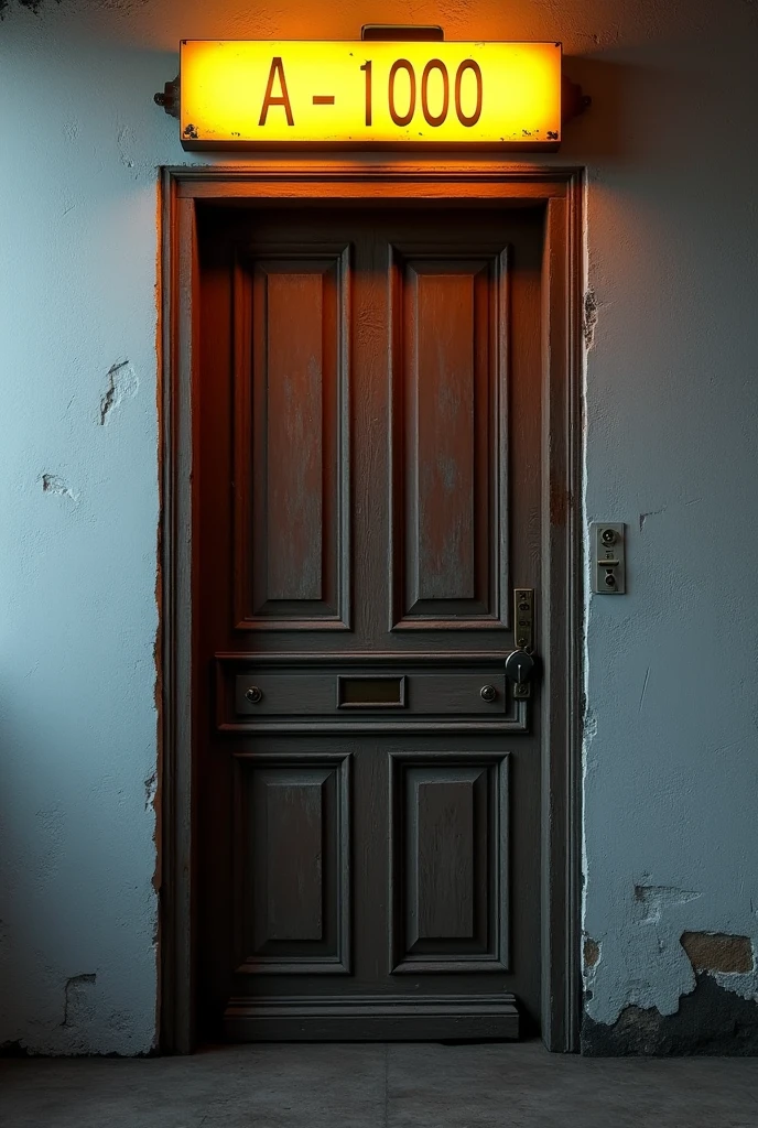 A brown old door in the dark in a white wall with a yellow brightness sign in the top that says A-1000