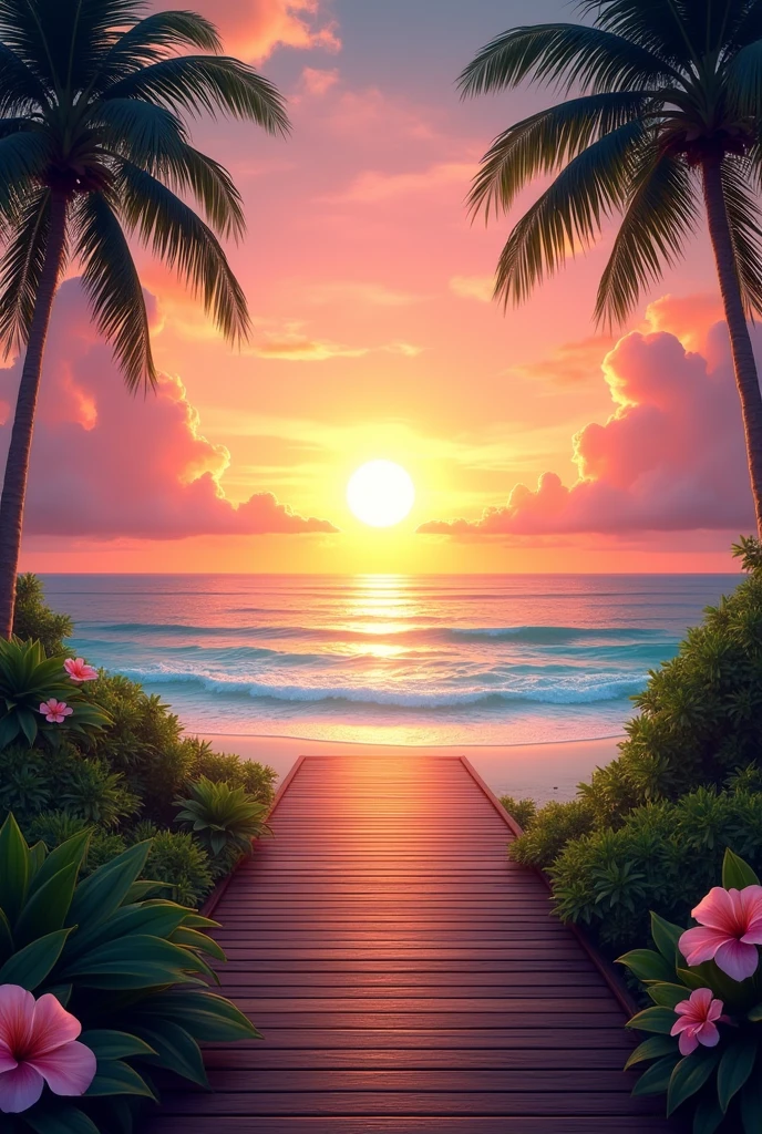 

Create a realistic image with full resolution 8k cinematic quality, emphasizing serene and harmonious compositions with natural elements. The scene should depict a tropical beach during the day, with a wooden boardwalk leading towards the ocean. The sky should be a vibrant mix of oranges, pinks, and purples, creating a stunning backdrop.

**Dimensions**: 7680x4320 pixels
**Color Format**: RGB
**Resolution**: 300 DPI
**Hue**: Warm tones of orange, pink, and purple
**Brightness and Contrast**: High contrast to highlight the vibrant colors and details
**Texture**: Smooth, with detailed textures in the wooden boardwalk and foliage
**Composition**: The boardwalk should be centered, leading towards the horizon where the ocean meets the sky

**Sun Description**: 
- The sun should be depicted as a large, glowing orb positioned high in the sky, dominating the center of the image.
- It should emit a bright, golden light, creating a radiant effect that illuminates the entire scene.
- The sun's rays should spread out in all directions, enhancing the vibrant colors of the sky and casting soft shadows on the beach.
- The sun's light should reflect off the ocean, creating a shimmering path of light that leads towards the viewer, adding depth and a sense of movement to the water.

**Clouds**:
- Include a few white, semi-transparent clouds scattered across the sky.
- The clouds should be soft and wispy, blending gently with the vibrant sky colors.
- The transparency of the clouds should allow the vibrant hues of the sky to show through, creating a harmonious blend.

**Depth**: Significant depth, with foreground elements like flowers and plants leading the eye towards the distant ocean
**Context and Content**: A peaceful tropical beach, with palm trees framing the top corners of the image
**Color Histogram**: Balanced, with peaks in warm tones
**Patterns and Textures**: Wooden texture on the boardwalk, lush greenery, and soft, detailed flowers
**Focus and Sharpness**: Sharp focus o