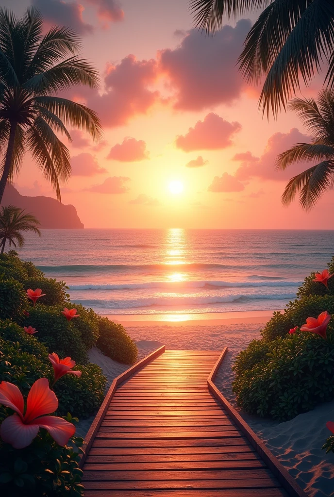 

Create a realistic image with full resolution 8k cinematic quality, emphasizing serene and harmonious compositions with natural elements. The scene should depict a tropical beach during the day, with a wooden boardwalk leading towards the ocean. The sky should be a vibrant mix of oranges, pinks, and purples, creating a stunning backdrop.

**Dimensions**: 7680x4320 pixels
**Color Format**: RGB
**Resolution**: 300 DPI
**Hue**: Warm tones of orange, pink, and purple
**Brightness and Contrast**: High contrast to highlight the vibrant colors and details
**Texture**: Smooth, with detailed textures in the wooden boardwalk and foliage
**Composition**: The boardwalk should be centered, leading towards the horizon where the ocean meets the sky

**Sun Description**: 
- The sun should be depicted as a large, glowing orb positioned high in the sky, dominating the center of the image.
- It should emit a bright, golden light, creating a radiant effect that illuminates the entire scene.
- The sun's rays should spread out in all directions, enhancing the vibrant colors of the sky and casting soft shadows on the beach.
- The sun's light should reflect off the ocean, creating a shimmering path of light that leads towards the viewer, adding depth and a sense of movement to the water.

**Clouds**:
- Include a few white, semi-transparent clouds scattered across the sky.
- The clouds should be soft and wispy, blending gently with the vibrant sky colors.
- The transparency of the clouds should allow the vibrant hues of the sky to show through, creating a harmonious blend.

**Depth**: Significant depth, with foreground elements like flowers and plants leading the eye towards the distant ocean
**Context and Content**: A peaceful tropical beach, with palm trees framing the top corners of the image
**Color Histogram**: Balanced, with peaks in warm tones
**Patterns and Textures**: Wooden texture on the boardwalk, lush greenery, and soft, detailed flowers
**Focus and Sharpness**: Sharp focus o