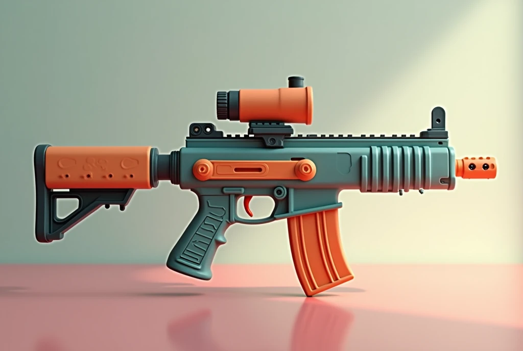 Mini double water gun toy,Integrated rifle mount,Q version,Cute pattern on the surface,Transparent magazine and scope recessed,(Similar structure to AK47),(Double muzzle:1.3),Smooth lines,Plastic material,Three-color Morandi color matching,high quality,Professional Product Photography,Table background,3d, OC Rendering,8K,