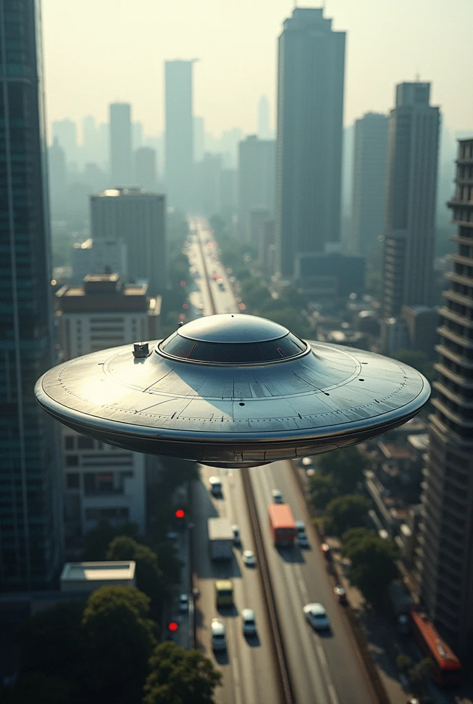Create a flying saucer flying in the sky of Ho Chi Minh City, Saigon Vietnam, flying close to tall buildings, lanmart 81, Bitexco, extra player