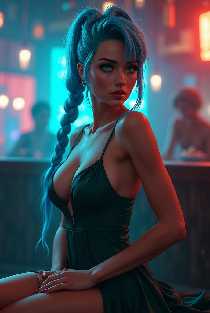 best quality,4k,8k,(masterpiece:1.2),ultra-detailed,realistic,photo-realistic:1.4, attention to detail, 8K, ultra detailed body, super sexy, goddess of temptation and lust, mature Cyan hair Ciri, braid, cyan colour hair, side cut silk dress, open toe high heels, at the club, fit body, sexy pose, seductive, big breasts, sexy, highly detailed body, sexual and sensual, cyan coloured hair, blue eyes, super seductive expressions and pose, seductive girl, realistic face