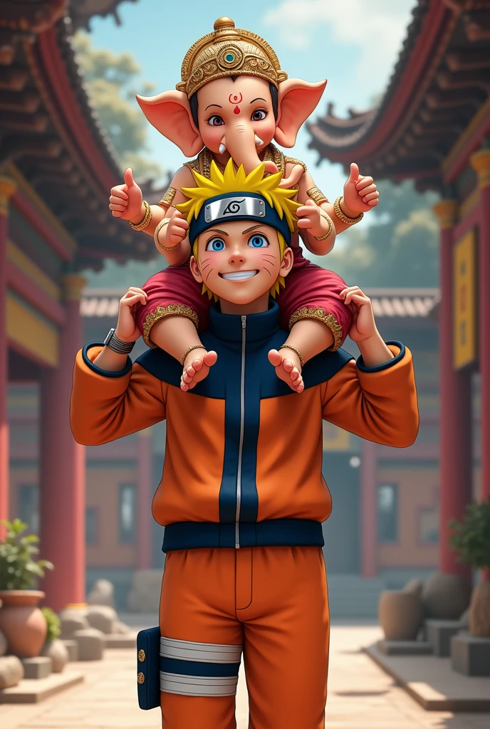 Naruto uzumaki is
lifted Lord child Ganesh on his shoulder with happy face
in traditional Ware