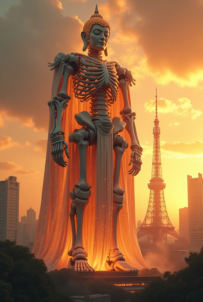 A colossal Buddha-like robot, made of countless glowing bones, standing tall against the backdrop of Osaka's Tsutenkaku Tower, majestic atmosphere, sunset, skyscrapers, giant robot, skeletal, sacred glow, highly detailed, 8k