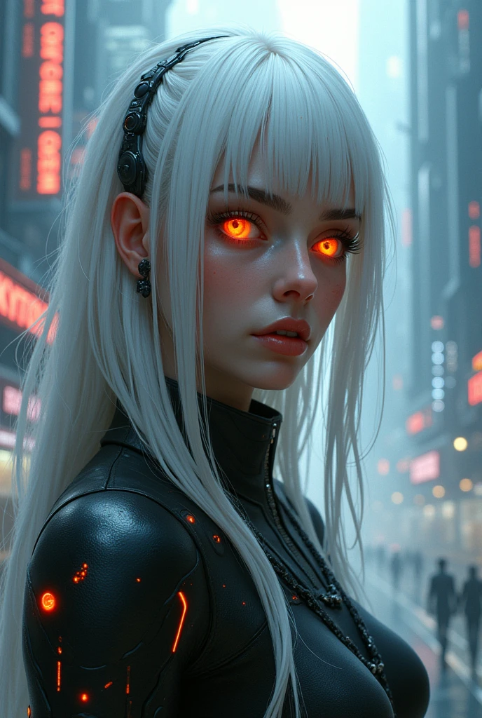 A white-haired woman, orange eyes.
cyberpunk.