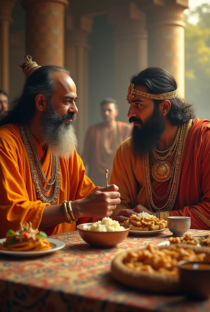 One  bramhana men with one king who wears golden ornaments on his body ,they both are eating in a one kingdom