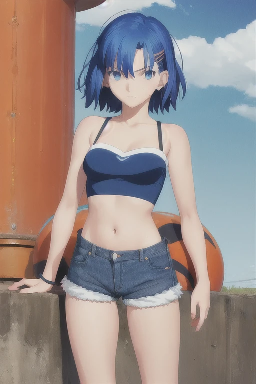 female cartoon character wearing orange/blue shorts holding and standing, 1girl, solo, mole, mole under eye, blue hair, shorts, blue eyes, navel, tube top, midriff, short hair, denim, denim shorts, hairclip