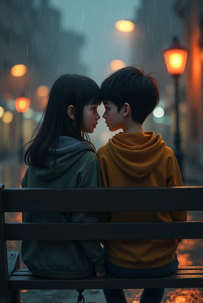 Close-up of the girl and the boy sitting on the bench, talking to each other. The girl’s face shows a hint of sadness and secrecy, while the boy’s face is a mix of curiosity and empathy. The background shows the blurred shapes of the rain-soaked street and dimly lit streetlamps.