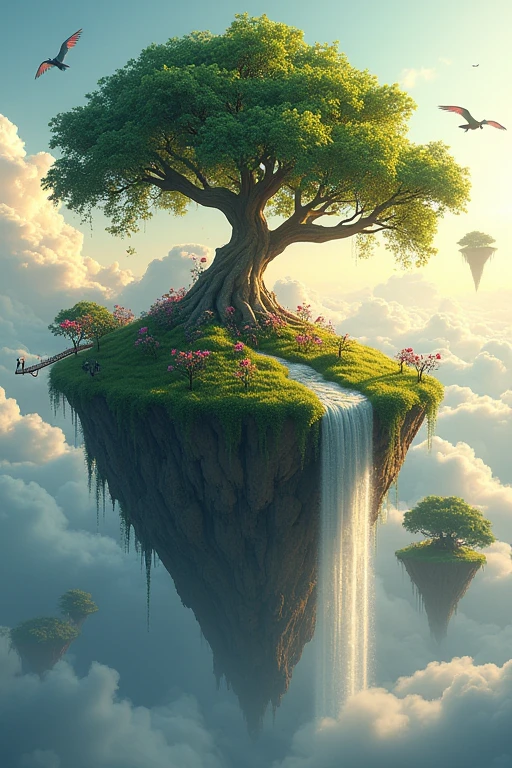 "Imagine a lush, pirate island suspended high above the clouds, gently floating in a serene sky. The island is covered in emerald-green grass, with towering, ancient trees whose branches reach out like arms, dripping with vibrant flowers. A sparkling waterfall cascades from the edge, its waters disappearing into the clouds below. Delicate bridges of vines and wood connect smaller floating landmasses around the main island. Bright, colorful flowers dot the landscape, and exotic birds with iridescent feathers glide effortlessly through the air. The sunlight bathes the island in a warm, golden glow, casting soft shadows that dance with the movement of the trees. Wisps of mist swirl around the island, adding a touch of magic to this breathtaking sky sanctuary."