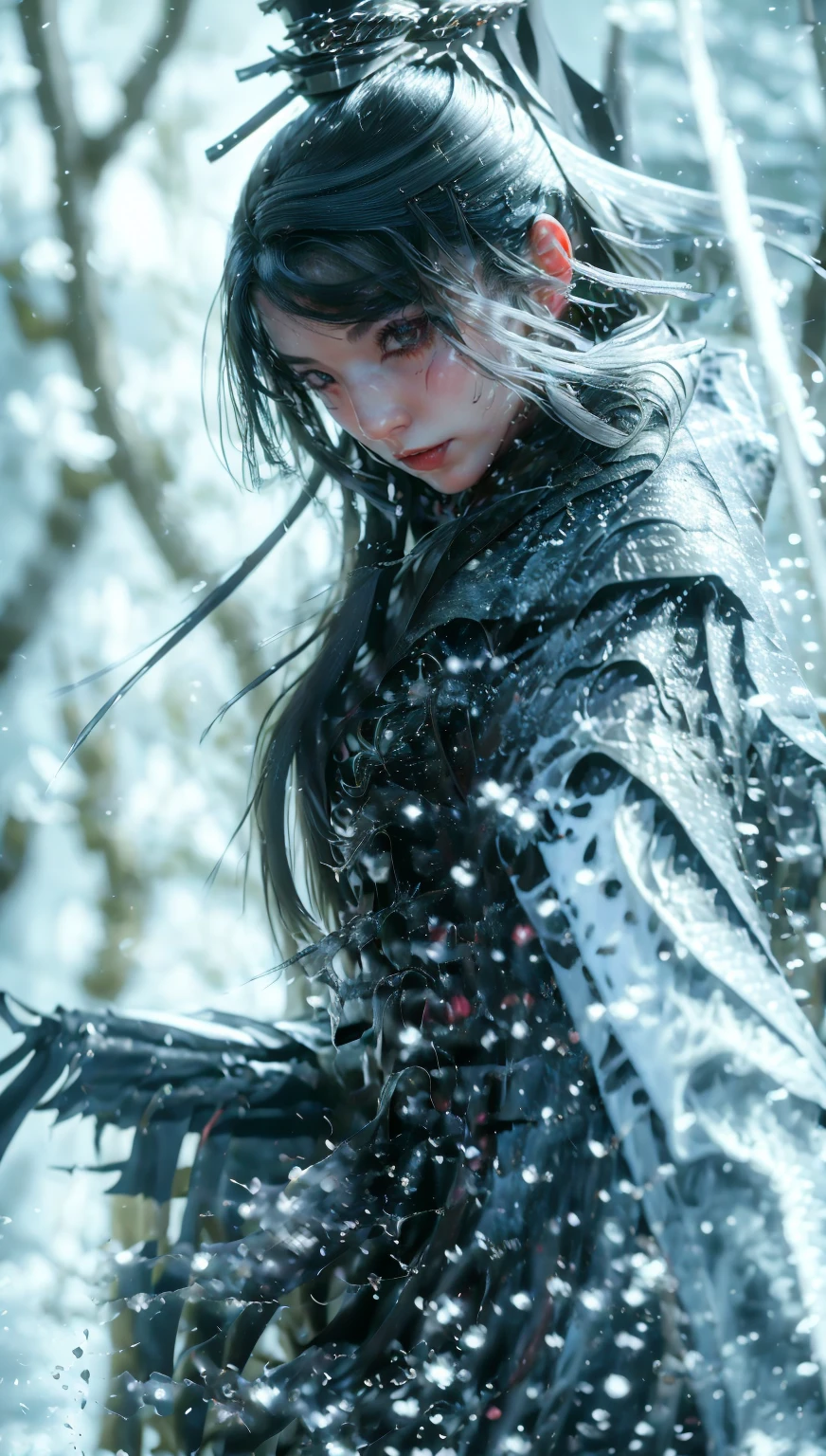 The invention of letters,chestเล็ก,พื้นหลังThe invention of letters,1 girl,alone,black hair,long hair,overcoat,inside,black background,floating hair,chest,black dress,black overcoat,slip,Chapped lips,