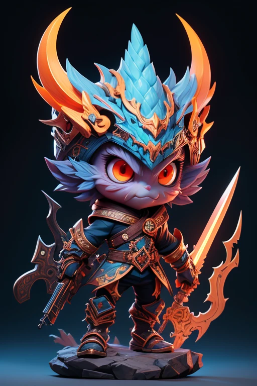 Create a monster image, Small in size, Big head, Strange .. Transparent body for visibility. The images are sharp and detailed.., with beautiful colors.. with weapons, leg, eyes, mouth, พื้นหลังสีlegว