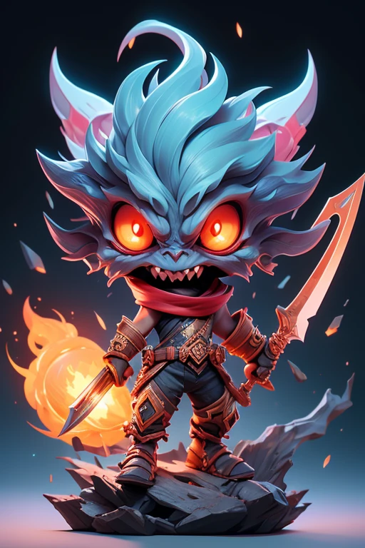 Create a monster image, Small in size, Big head, Strange .. Transparent body for visibility. The images are sharp and detailed.., with beautiful colors.. with weapons, leg, eyes, mouth, พื้นหลังสีlegว