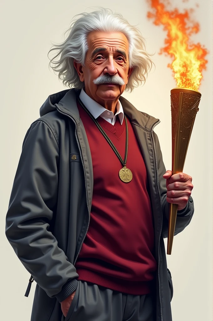 Albert Einstein in burgundy and grey sportswear holding a school badge and an Olympic torch 