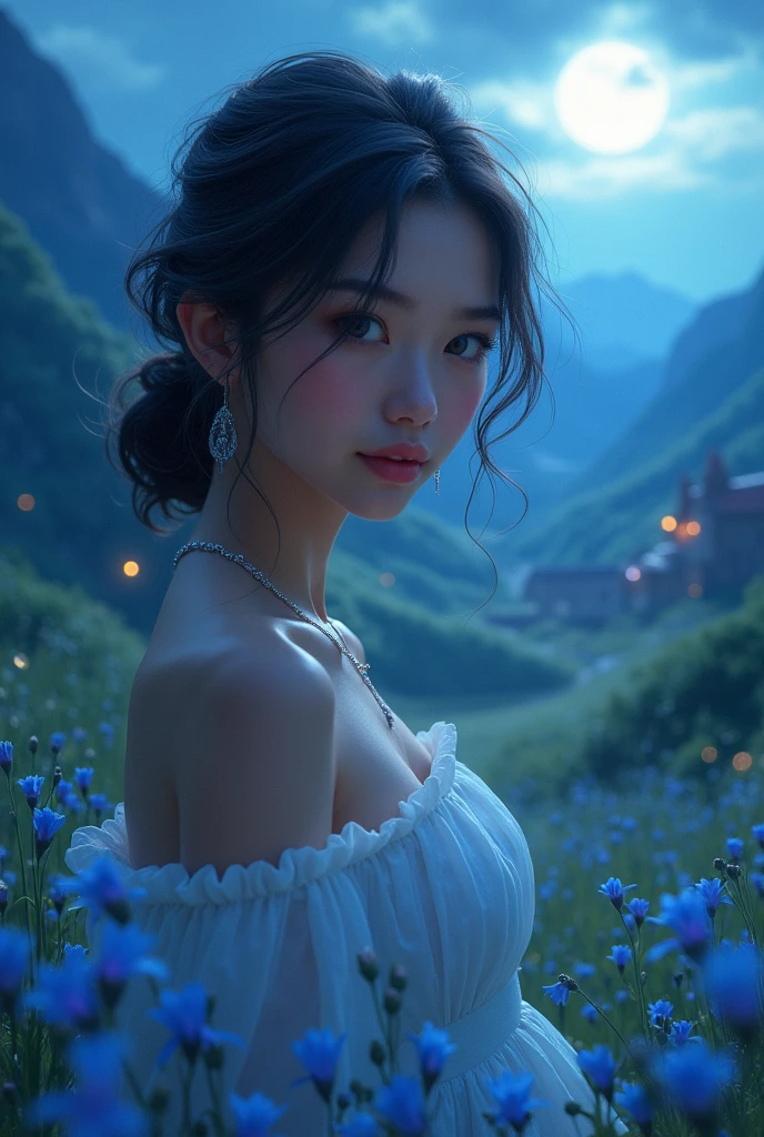 A beautiful girl live in a beautiful valley near village. It's look so beautiful and her eyes is so mesmerising that attract anyone. Her looks so attractive. Her near the blue moonlight of soft moonlight, blue flowers with fireflies.