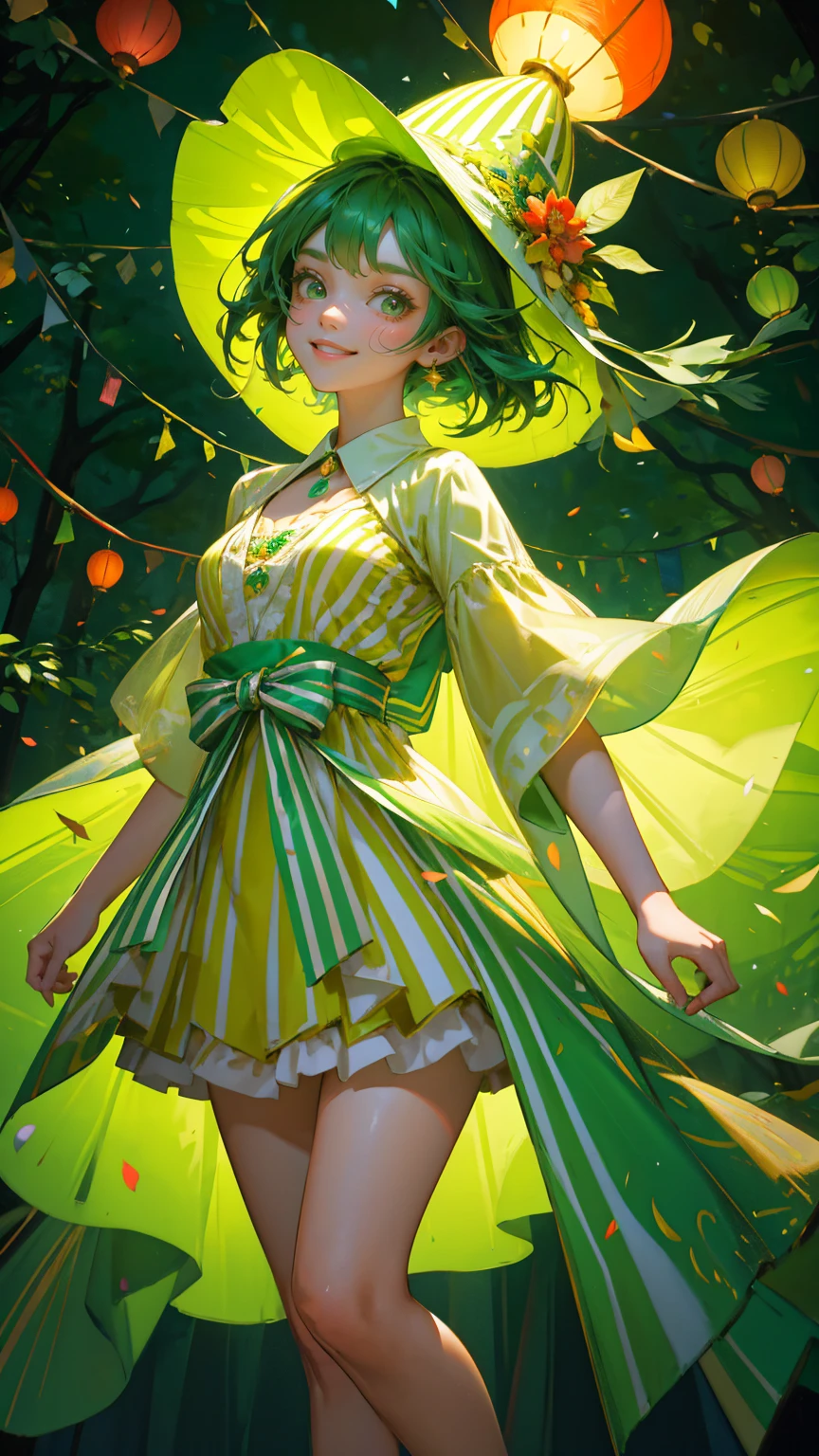 green color A beautiful, cute girl with big expressive eyes and a joyful smile, wearing a colorful party dress and a festive cone hat, standing in a lively forest party scene. She is surrounded by tall, glowing green candlestick charts that resemble candles with flickering flames. The background is filled with lush, vibrant green trees and plants, with various shades of green enhanced to create a vivid atmosphere. Confetti is falling from the sky, and colorful paper lanterns float above, adding to the festive mood. The setting is filled with small, cheerful touches like a striped carnival tent, balloons, and bright lights, creating a whimsical and enchanting celebration