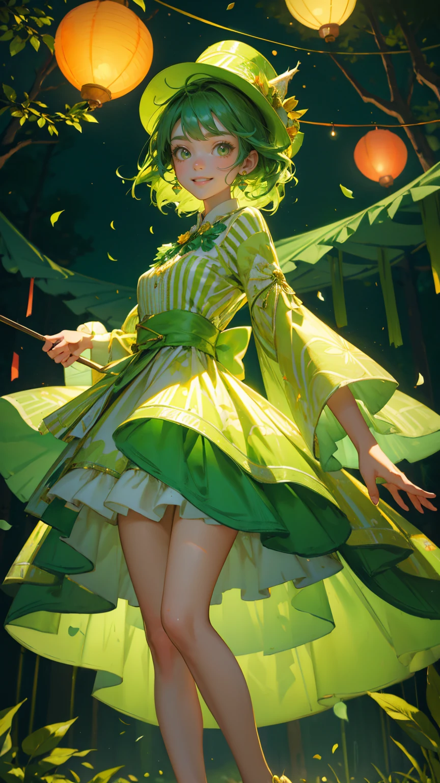 green color A beautiful, cute girl with big expressive eyes and a joyful smile, wearing a colorful party dress and a festive cone hat, standing in a lively forest party scene. She is surrounded by tall, glowing green candlestick charts that resemble candles with flickering flames. The background is filled with lush, vibrant green trees and plants, with various shades of green enhanced to create a vivid atmosphere. Confetti is falling from the sky, and colorful paper lanterns float above, adding to the festive mood. The setting is filled with small, cheerful touches like a striped carnival tent, balloons, and bright lights, creating a whimsical and enchanting celebration