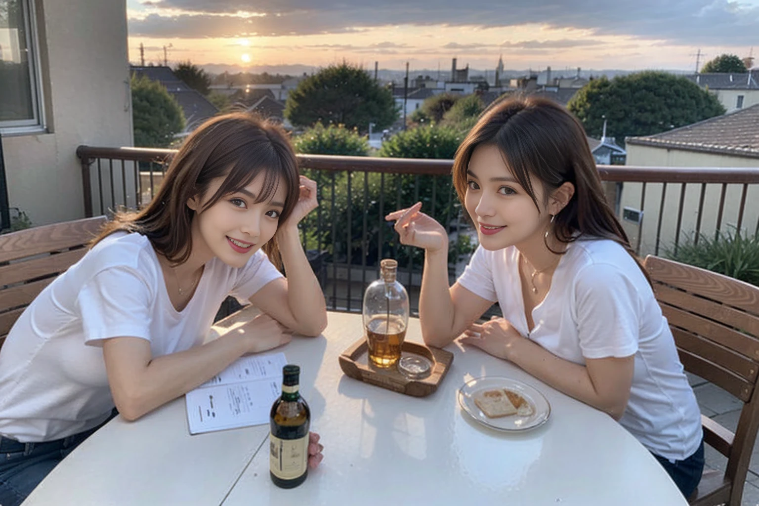 ((Highest quality、8k、masterpiece:1.3))、Whiskey bottles、The Macallan、Joni Black、Old Parr、whiskey、Suntory、Nikka、Slim Couple、modelカップル、(Realistic, Intricate details:1.2), full-course dinner、Whiskey bottle and glass on the table、Single Malt、scotch、Rocks glass、Shot Glass、On the rock、Scotland、Amazing view of the sunset sky and clouds、A bright smile、Short sleeve shirt、dress、 (Age 44), 3,Two beauties、Brown Hair、Shortcuts、 actress, model, Upper Body,