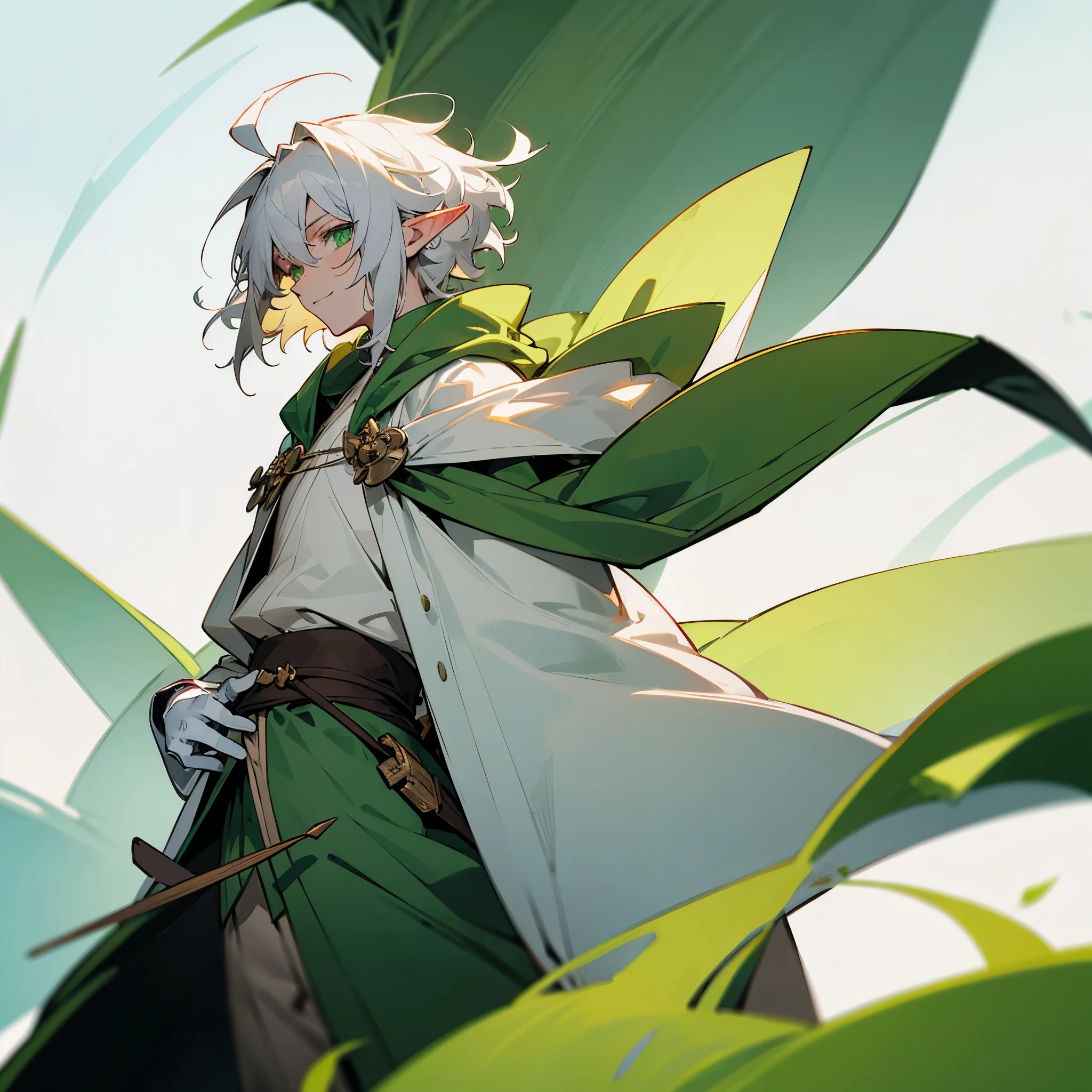 elf, male, silver hair,short hair, medium cut, ahoge, curly hair,green eyes,slender, fair skin, green robe, cloak, White gloves, cool mild Smile, windmill