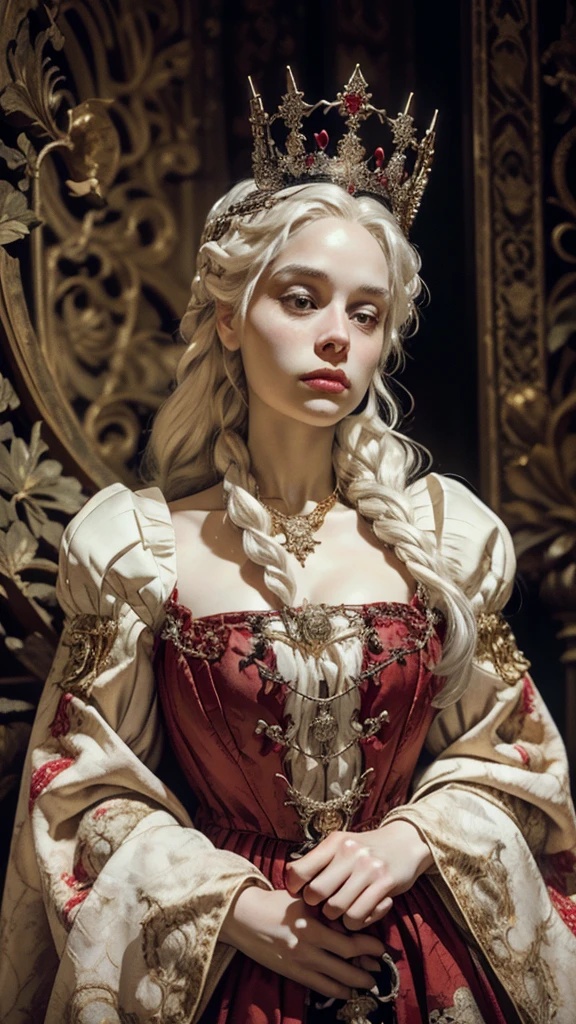 Portrait of Beautiful albino queen with detailed braided medieval hairstyle (white hair), wearing detailed medieval gown (red and black colours), with gold accessories and gold tiara, medieval queen, medieval woman,queen,game of thrones style,daenerys targaryen style, high quality, very detailed,hd quality, masterpiece 