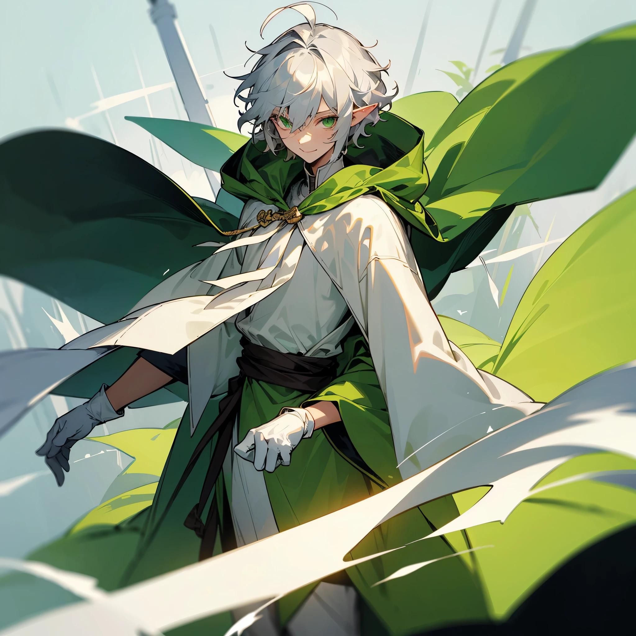 elf, male, silver hair,short hair, medium cut, ahoge, curly hair,green eyes,slender, fair skin, green robe, cloak, White gloves, cool mild Smile, windmill