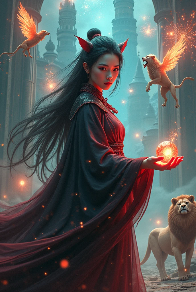 Asian Witch,black hair,Red body,Lion ears,Cat&#39;s finger,straight face,Fireworks ,Holding a marble,Fire fairy flying behind,There is a griffin,There is a lion.,Magic Castle