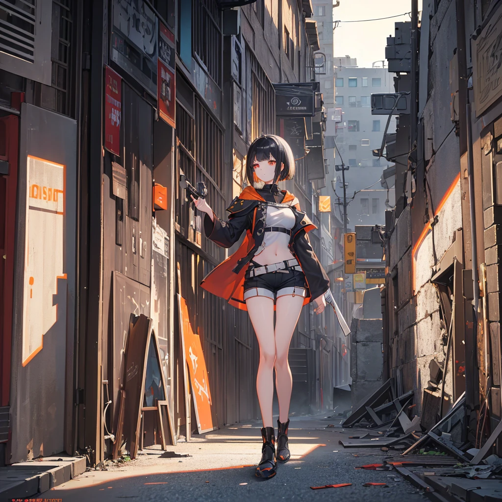 masterpiece, Highest quality, (Highly detailed CG Unity 8K wallpapers) (Highest quality), (Best illustrations), (Best Shadow) 2 in a worn grey robe.0、Orange Eyes 2.0、Black hair bob cut、Hidden in the wall、2. Right hand in gun shape.0、hot pants、Thin body 0.4、Collapsed building street、Imperial Army Magician