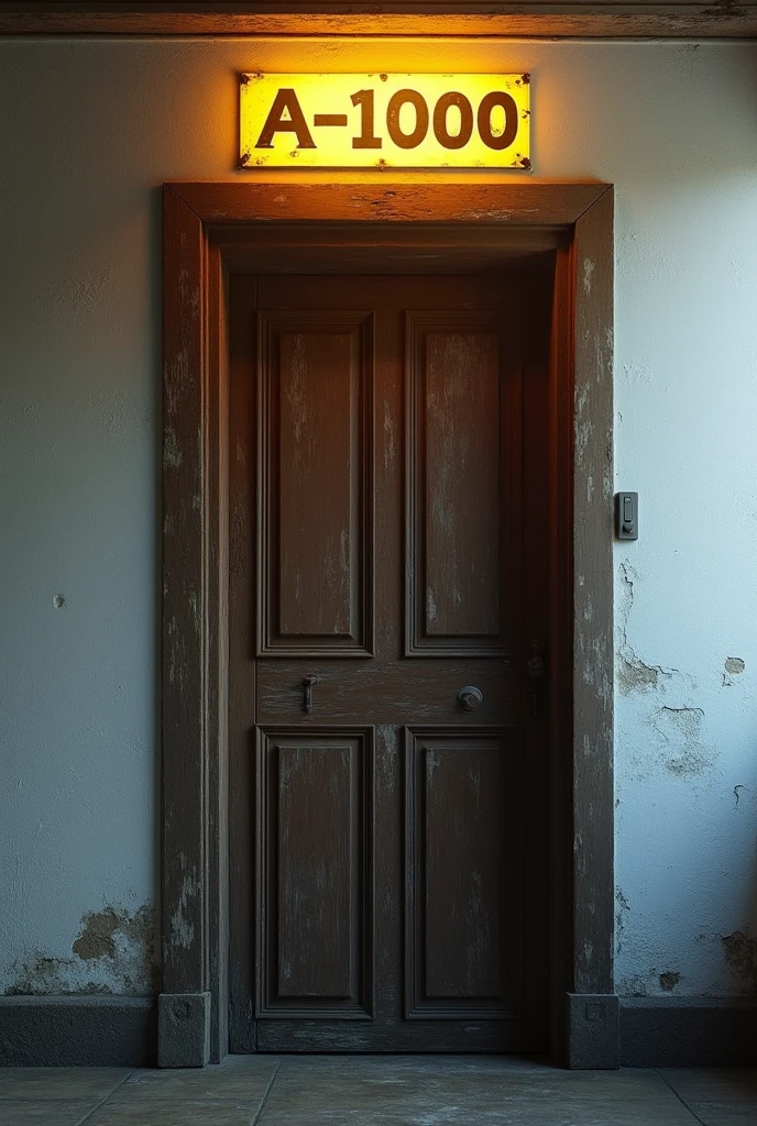 A brown old door in the dark in a white wall with a yellow brightness sign in the top that says A-1000