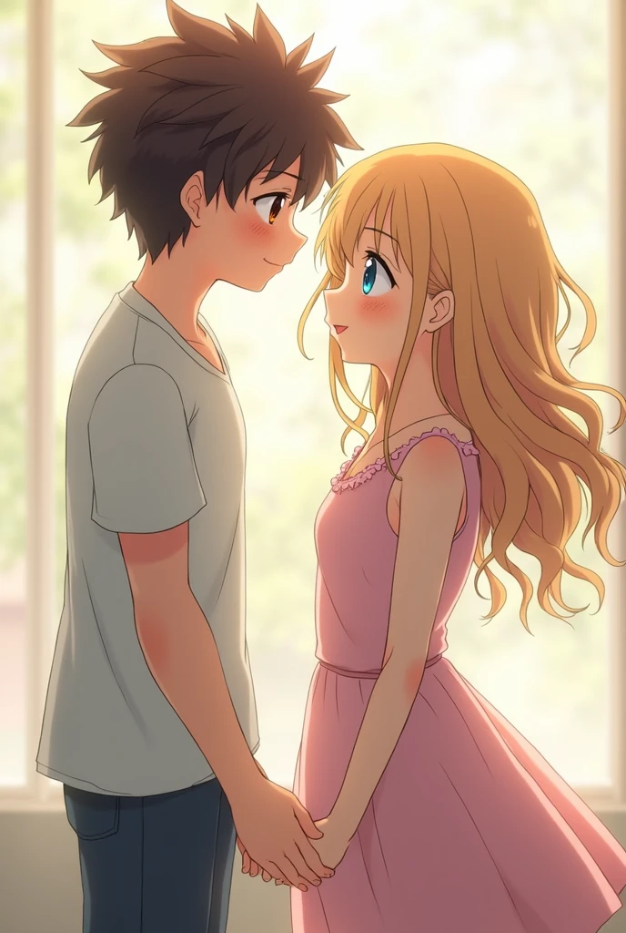 Here are the details of the physical appearance of the hero and heroine from "I Want to Eat Your Pancreas":

*Haruki Shiga (Hero):*

- Age: 17
- Height: 175 cm (5'9")
- Hair: Short, dark brown, messy
- Eyes: Brown, almond-shaped, gentle
- Face: Oval, smooth complexion, subtle smile
- Build: Slim, athletic
- Style: Casual, comfortable clothing

*Sakura Yamauchi (Heroine):*

- Age: 17
- Height: 160 cm (5'3")
- Hair: Long, curly, honey-blonde
- Eyes: Bright blue, large, expressive
- Face: Heart-shaped, pale complexion, sweet smile
- Build: , slender
- Style: Feminine, elegant clothing

standing close holding the hands 
