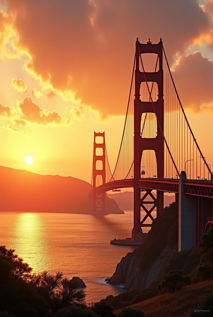 The Golden gate birge, in the background, the city of San Francisco, at sunset
