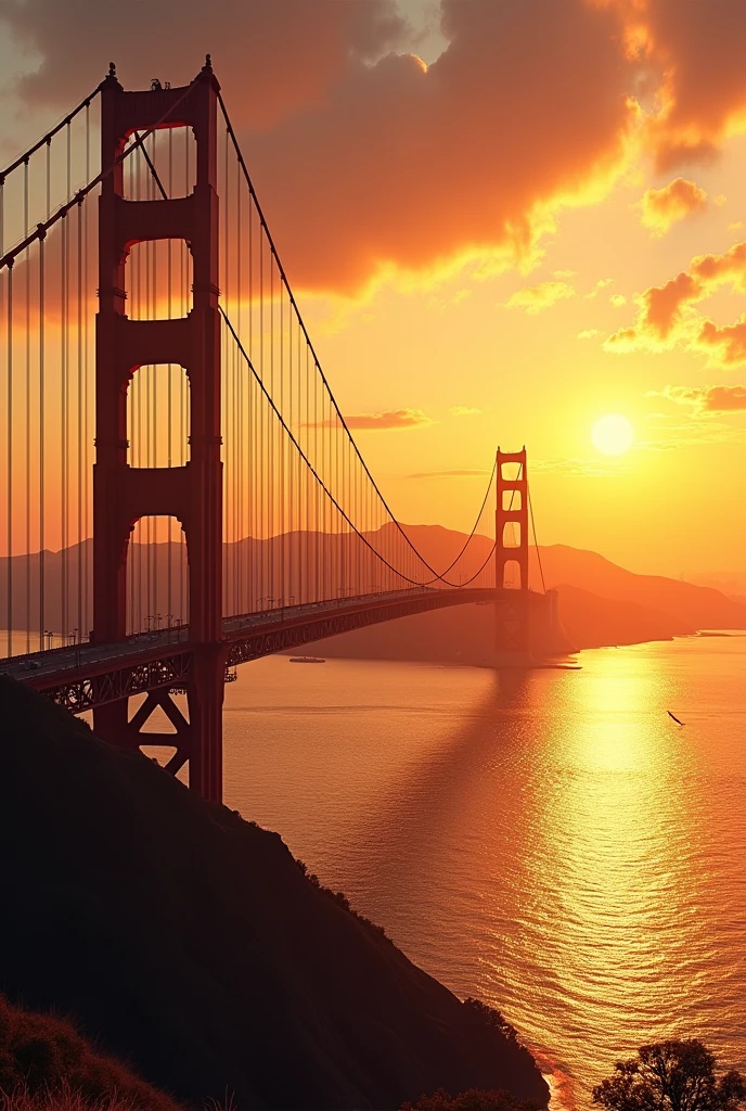 The Golden gate birge, in the background, the city of San Francisco, at sunset
