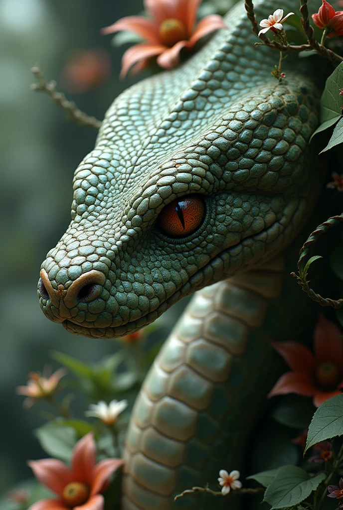 The word "serpent" in tiny snake scale letters, snake head serpent, masterpiece, high quality, Ultra HD, highly detailed, masterpiece, best quality, flowers, vines,