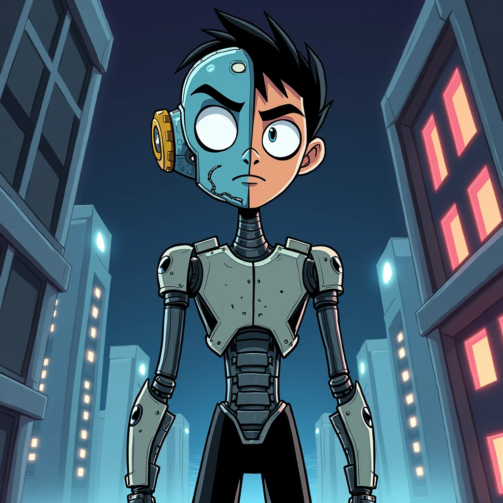 Cartoon design of syborg without body and tall and without big head in teen titans animation on building with half black face and half robot