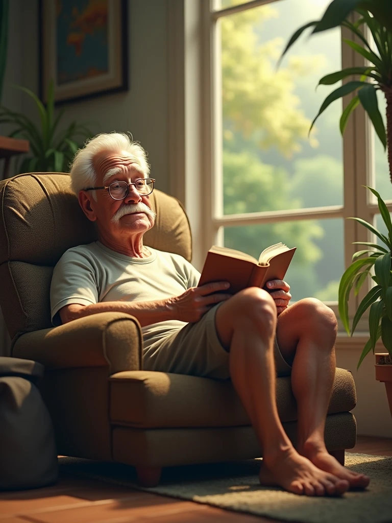 Show the oldman enjoying leisure time, perhaps lounging in comfortable clothing like a T-shirt and shorts, reading a book in a cozy armchair, or chilling in a hammock outdoors. This pose evokes a sense of relaxation and contentment.
