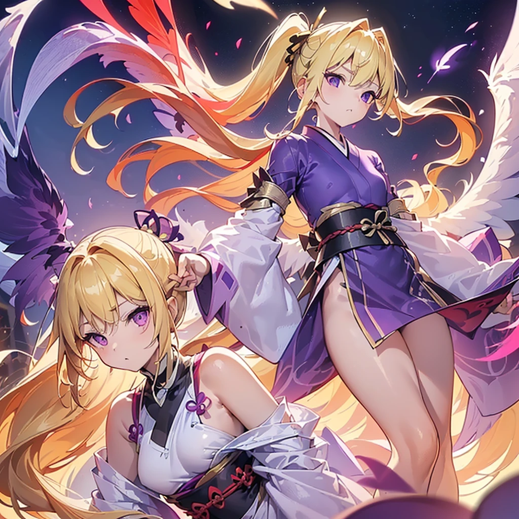 (((Best Quality)) (((One Person))) (anatomically correct) (long side ponytail 1.4),facing this way, angel,((small breast))(young)((big wings))kimono of the god of Japan1.8,long blonde 2.0((holding the legendary red claymore))((purple eyes)) universe 1.8, galaxy in the background