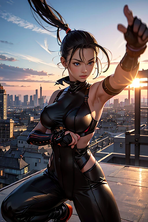 ((masterpiece, extremely realistic, photo-realism, extremely precise in every detail, best quality, beautiful detailed glow, beautiful attention to detail)), a girl, 18-years-old, skinny body, (huge bra-buster:1.4), (wearing decorated glossy dark-orange catsuit), on the Rooftop of a building, ((Combat Stance, fighter pose:1.1)), kunoichi, Ninja, heroic thrust-kick, day time