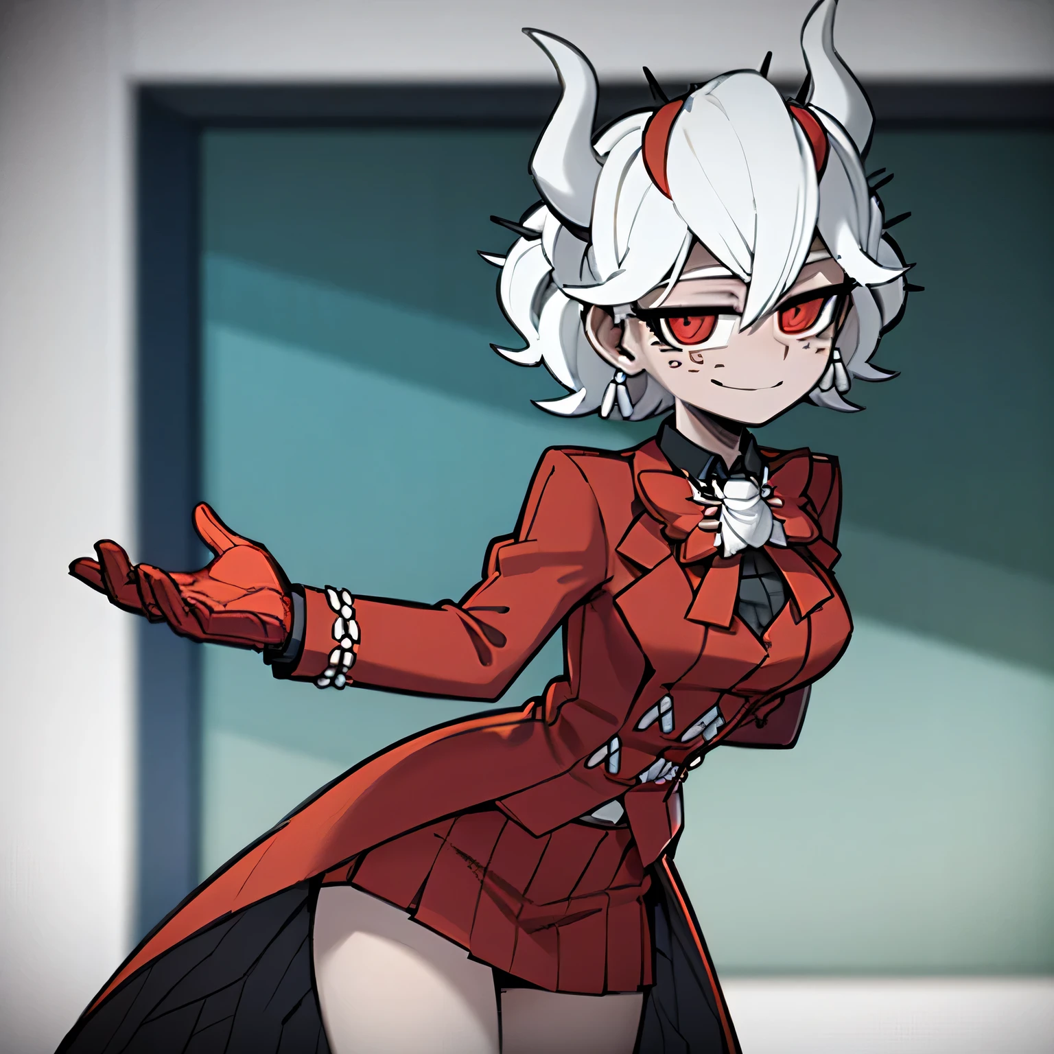 beelzebub(helltaker), red bowtie,1girl, looking at viewer, red eyes, demon horns, white hair, smile, earrings, closed mouth, demon girl, red gloves, gloves, jewelry, horns, white horns, solo, hair between eyes, cowboy shot, solo, short hair, school uniform, skirt, standing, leaning forward, arms behind back, smile, classroom