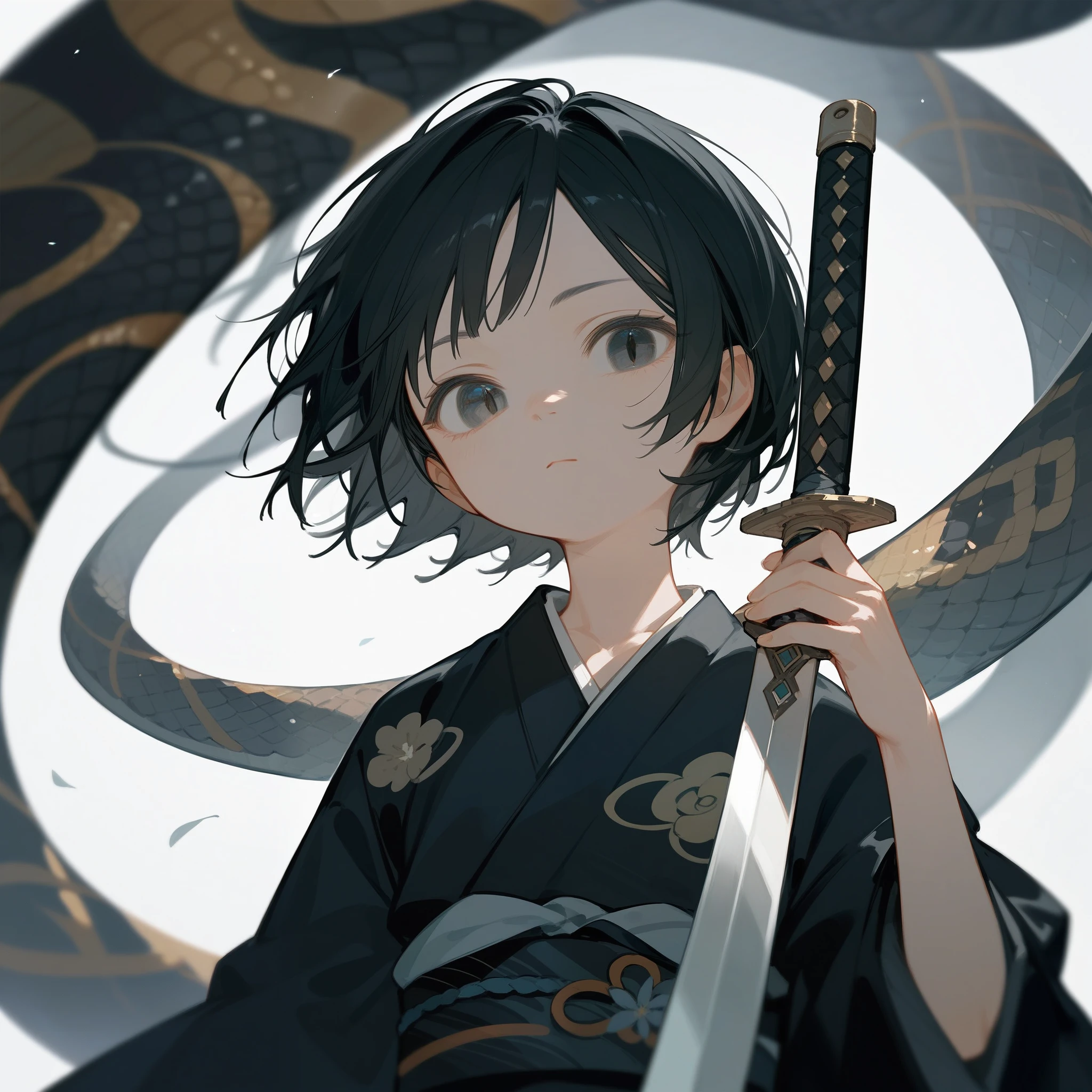 1 girl, Black Hair, iris, beautiful_face, Black snake motif, Kimono with scale pattern, Solo Illustration, short hair, Black kimono, Holding a sword, Upper Body, Flat Chest, Squint your eyes