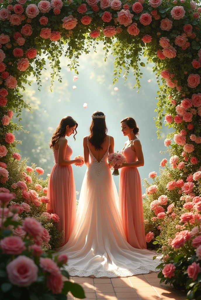 (photorealism:1.2), wedding scene. Beautiful place decorated with thousand types of flowers and plants, which ones are everywhere from top to floors. There is beautiful woman in elegant dress with her girl friends helping her and crying 

