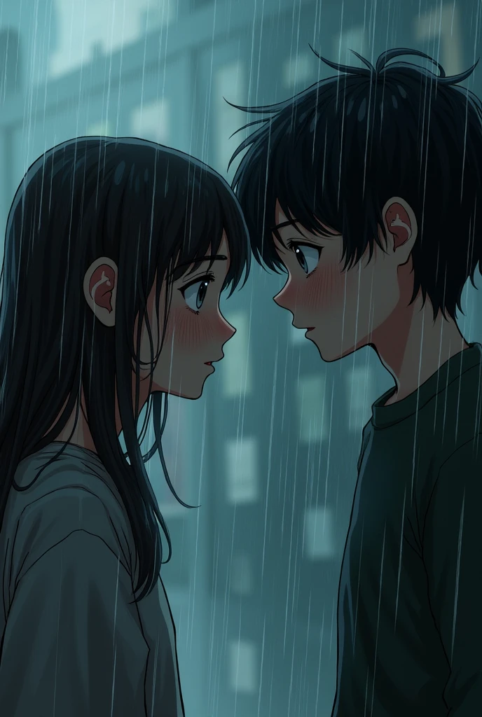 The girl looking distressed while the boy listens intently. The rain has become heavier, and the atmosphere is tense. The boy’s expression is serious, reflecting his concern, while the girl’s face reveals vulnerability. The rain creates a dramatic effect in the background.